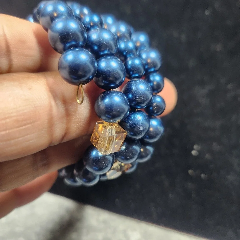 Blue glass Pearl and Amber Crystal Memory Wire Wrap Coil Bracelet